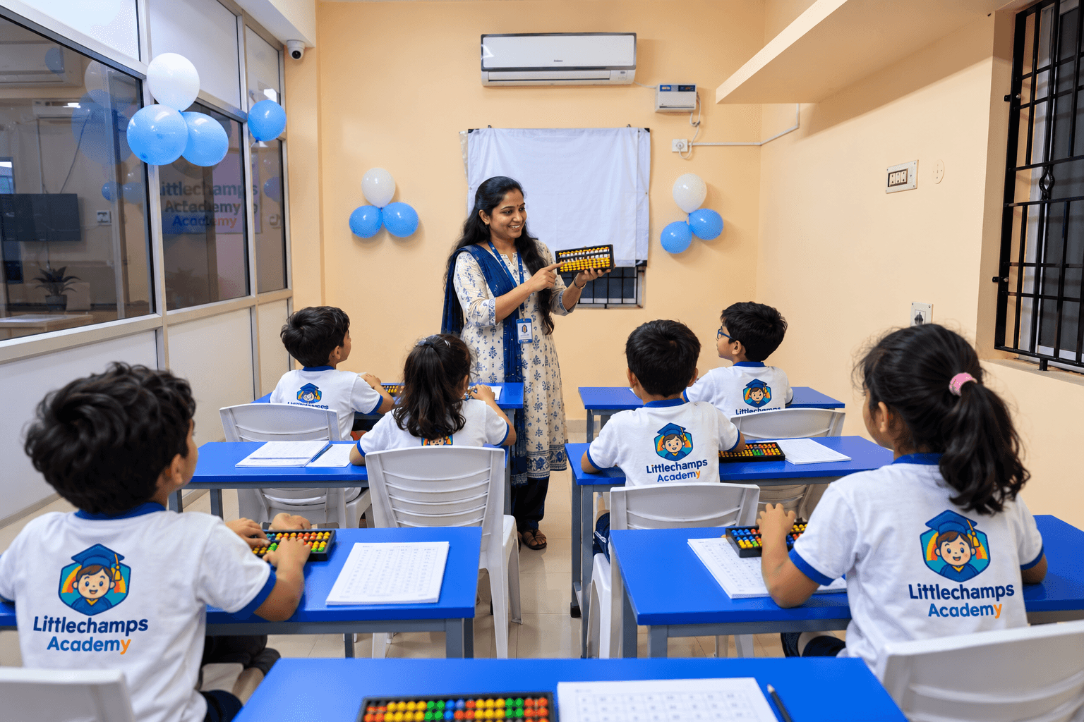Teacher showing an abacus to a class of children at their desks