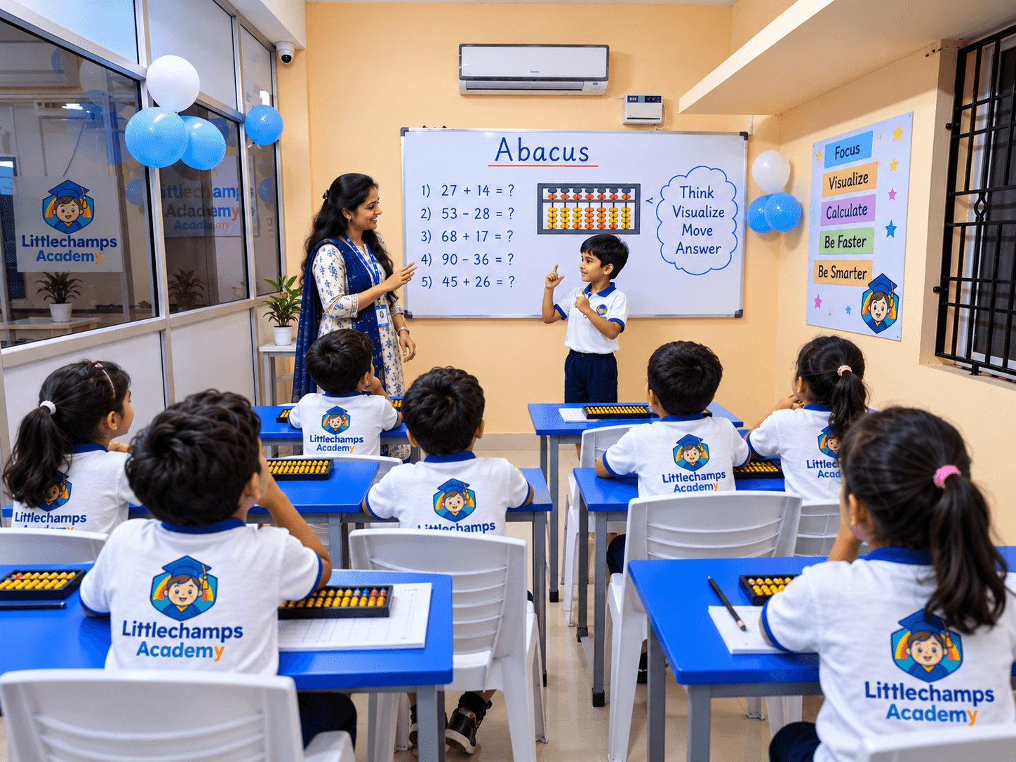 A student solves sums at the whiteboard while classmates work on their abacus