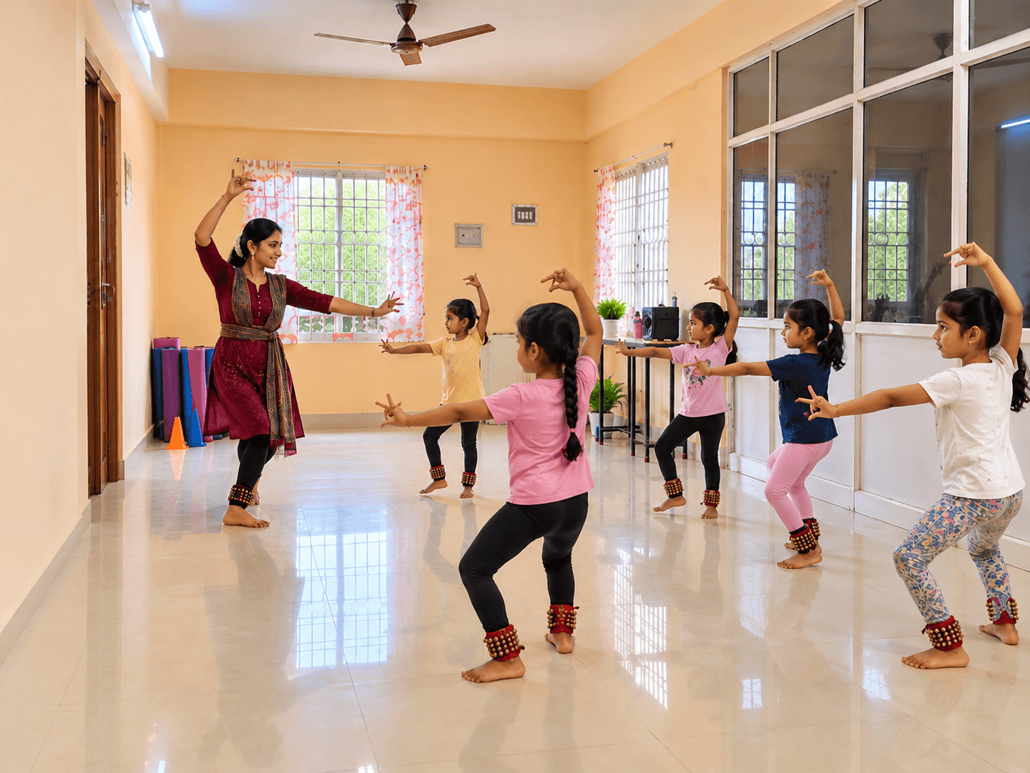 Dance teacher leading girls wearing ankle bells through a Bharatanatyam pose