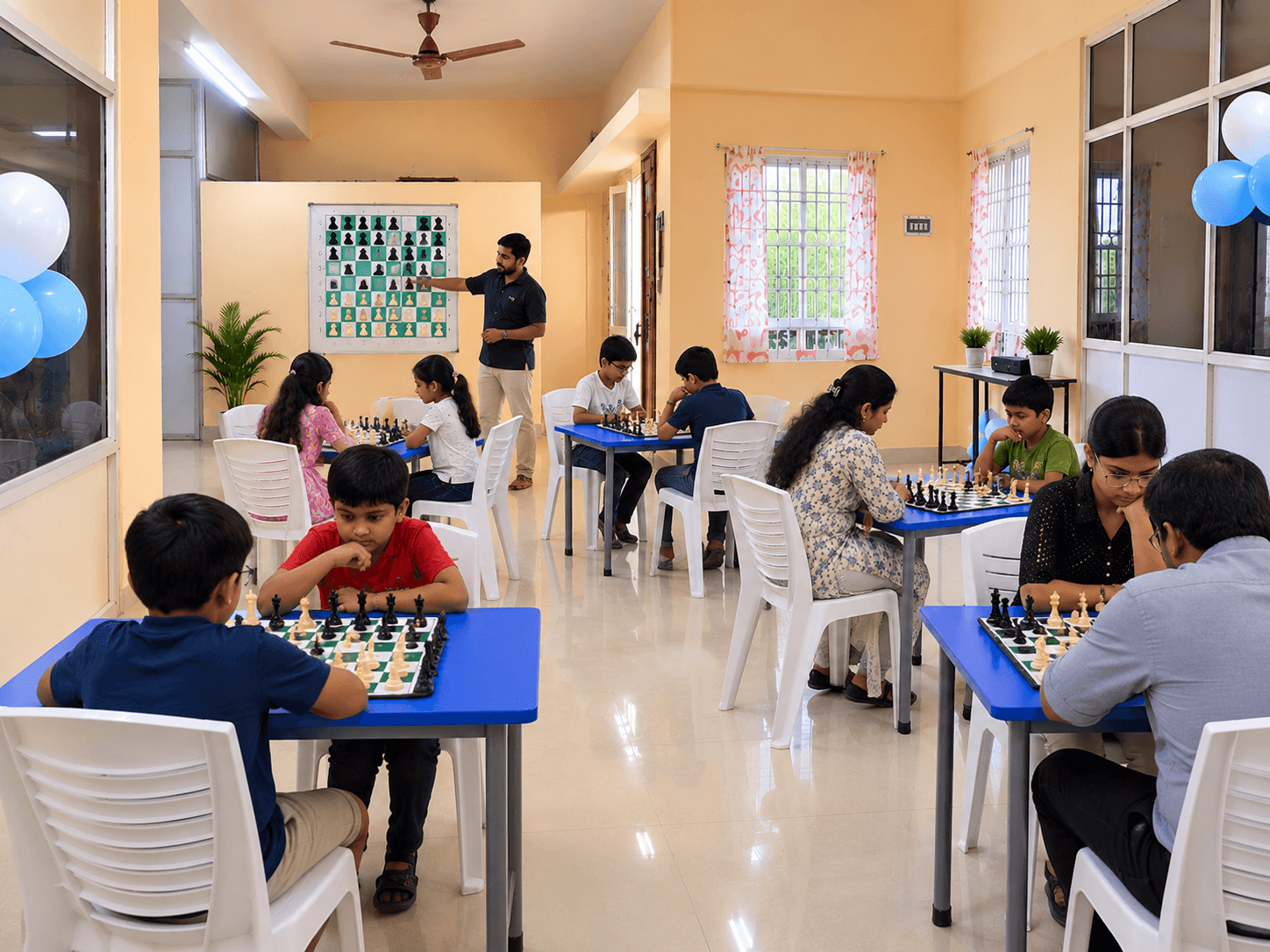 Children playing chess at tables while the coach explains a position on the wall board