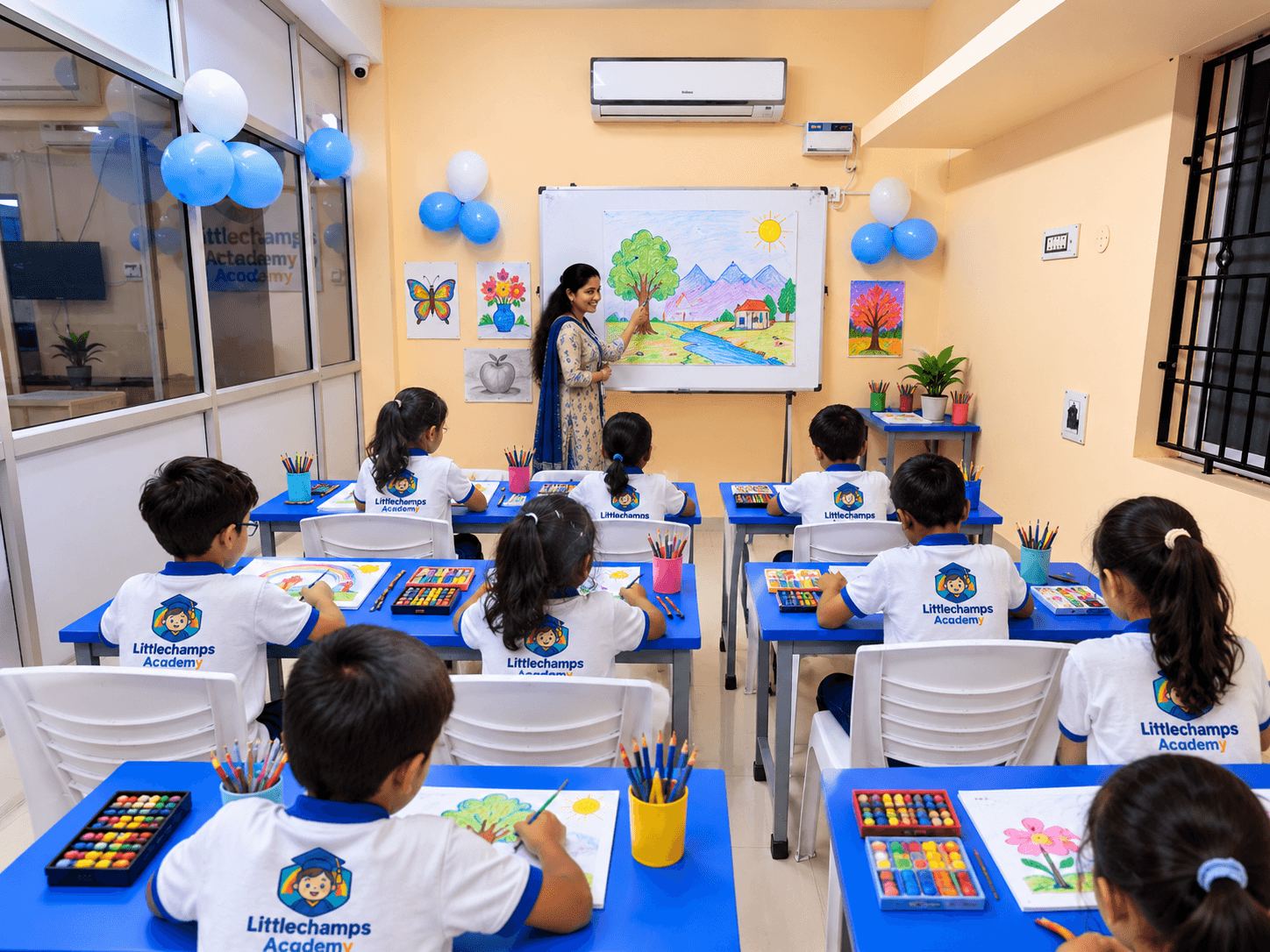 Teacher sketching a landscape on the board while children draw and colour at their desks