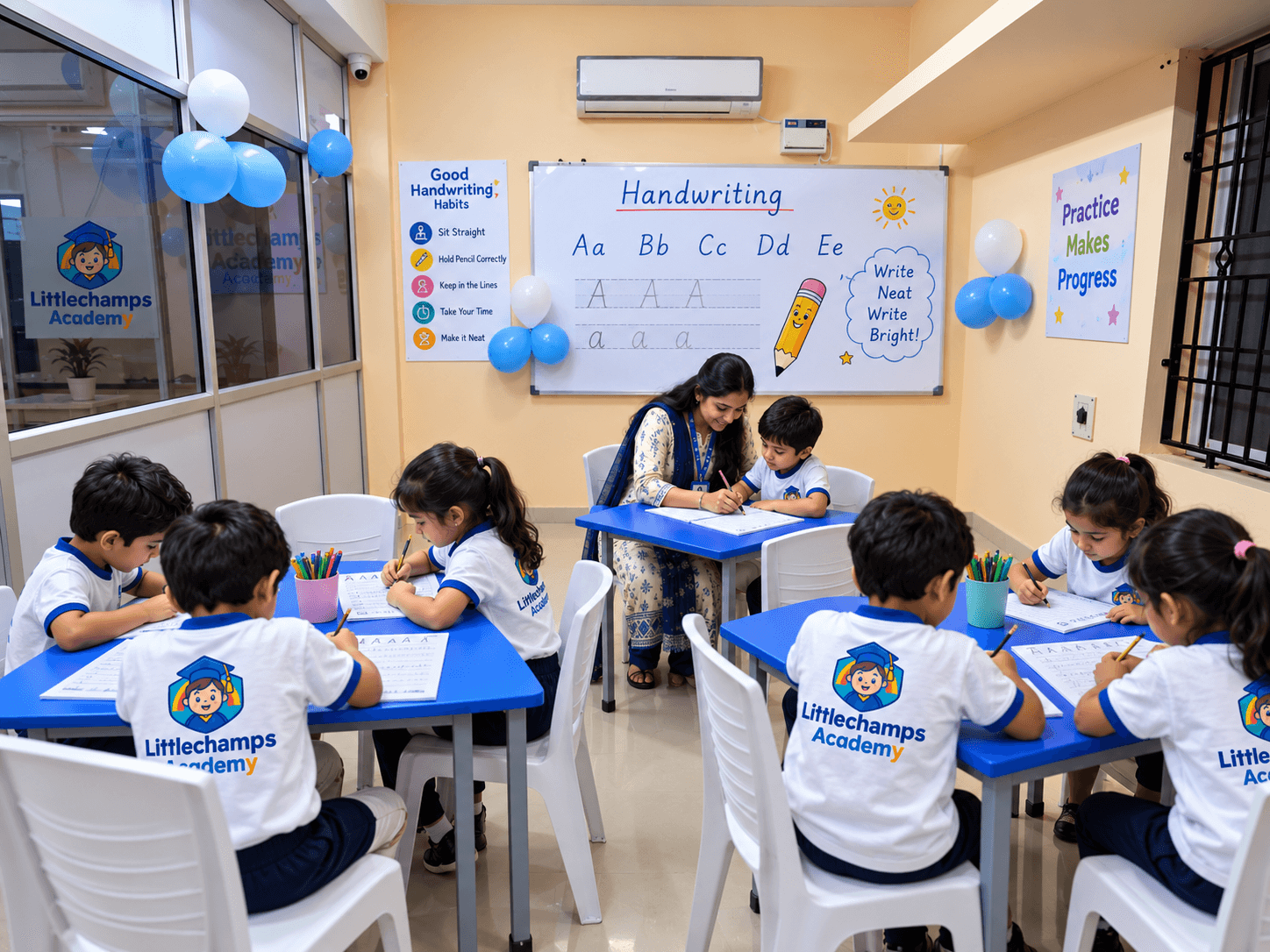 Teacher guiding a child while classmates practise letters on worksheets