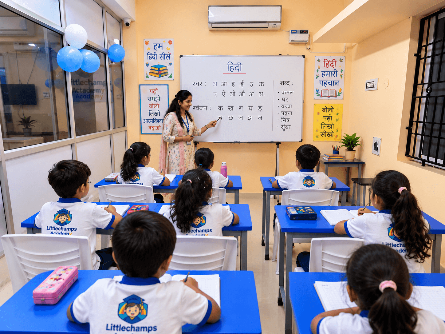 Teacher pointing to Hindi letters on the whiteboard while children write in their notebooks