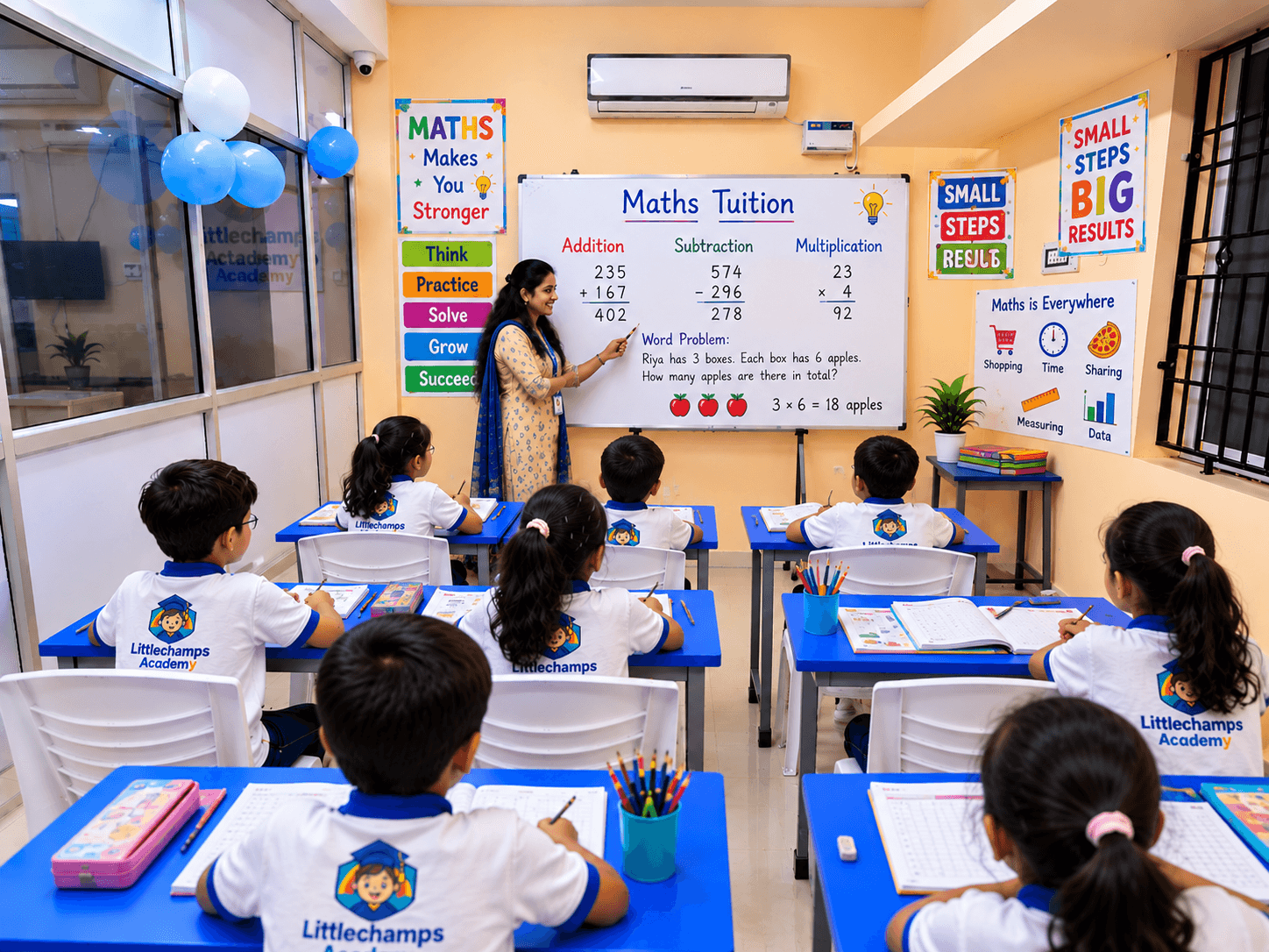 Teacher working through sums and a word problem on the whiteboard while children solve them in notebooks