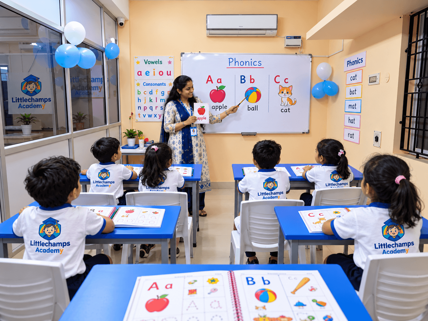 Teacher pointing to letters and pictures on the whiteboard in a phonics class