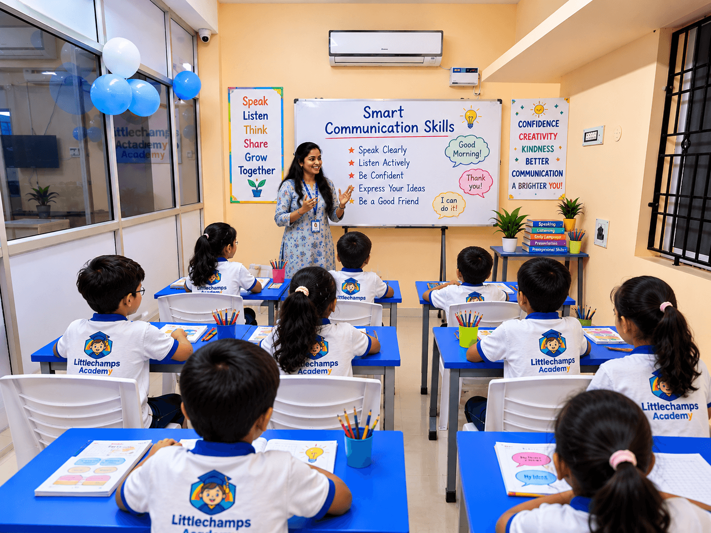 Teacher talking with a class in front of a Smart Communication Skills board