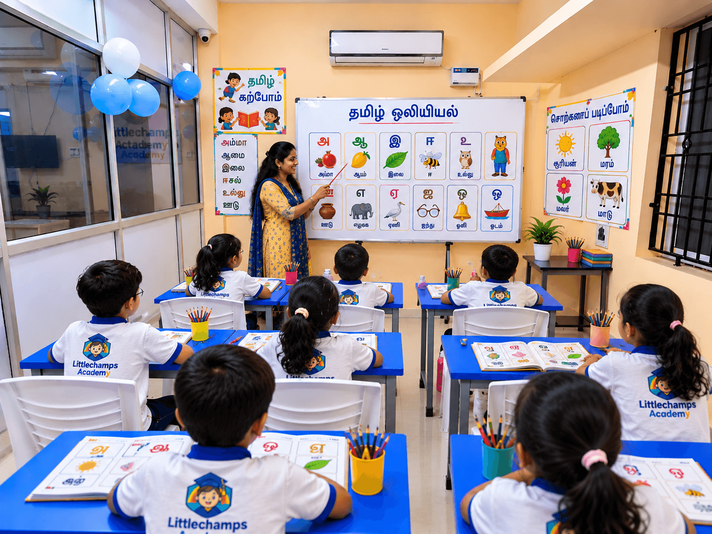 Teacher pointing to Tamil letter cards with pictures in a Tamil phonics class