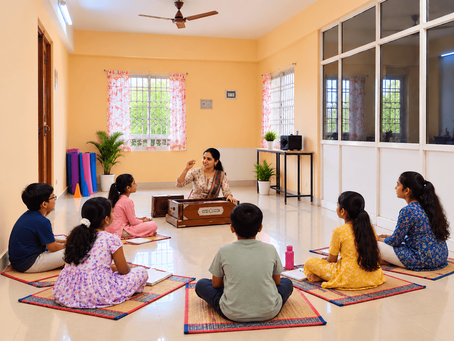 Teacher at a harmonium leading children seated on mats in a singing class
